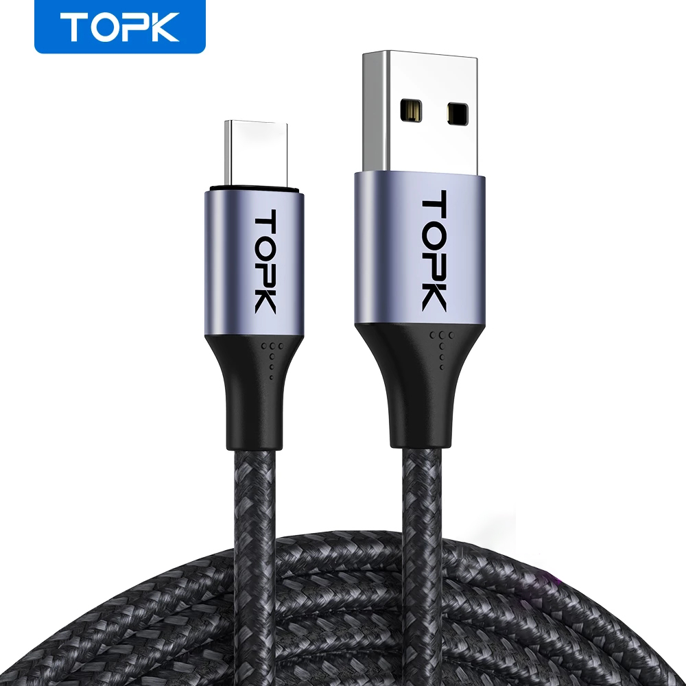 TOPK 1M USB to USB-C Cable 3A Fast Charging Data Transmission Cord Line 1m long For Samsung Note 20 iPad Pro 2020 - Grey