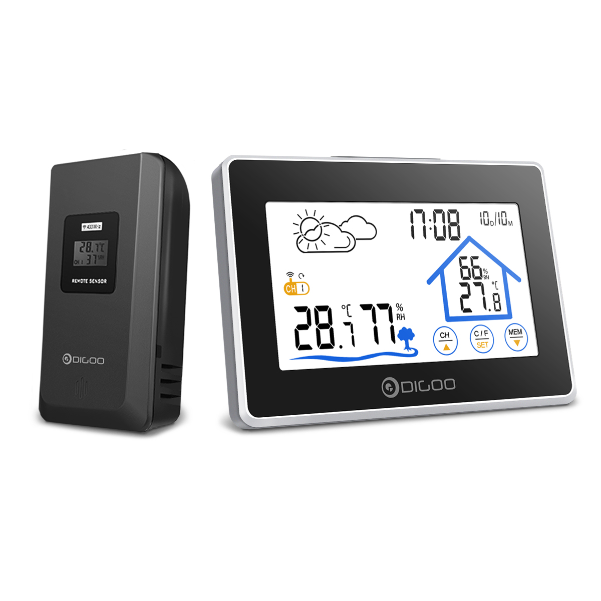 Digoo DG-TH8380 Wireless Thermometer Hygrometer Touch Screen Weather Station With Thermometer Outdoor Forecast Sensor Clock