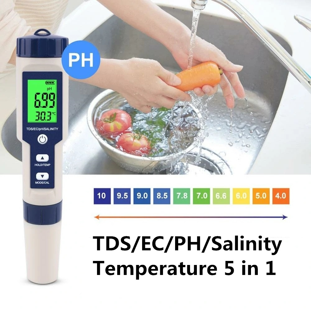 EZ-9909A 5 in 1 TDS/EC/PH/Salinity/Temperature Meter Digital Water Quality Monitor Tester for Pools, Drinking Water, Aquariums