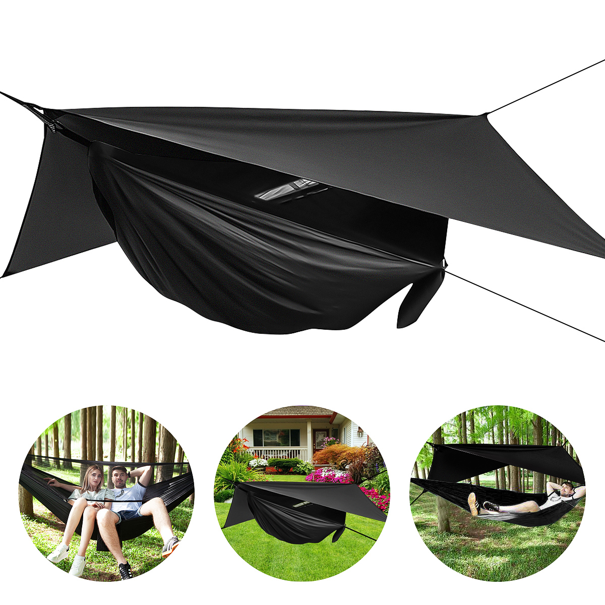 2 Persons 2-in-1 Camping Canopy Hammock Tent Set Lightweight Portable Hammock Outdoor Camping Travel Backyard Hammock - Black