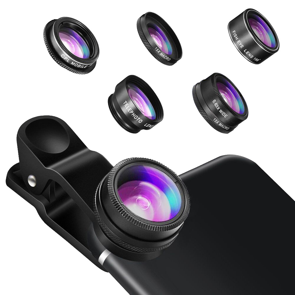 Hizek 5-IN-1 0.63X Wide Angle Lens + CPL Lens + Telephoto Lens+ 198-degree Fisheye Lens + 15X Macro Lens Phone Camera for iPhone