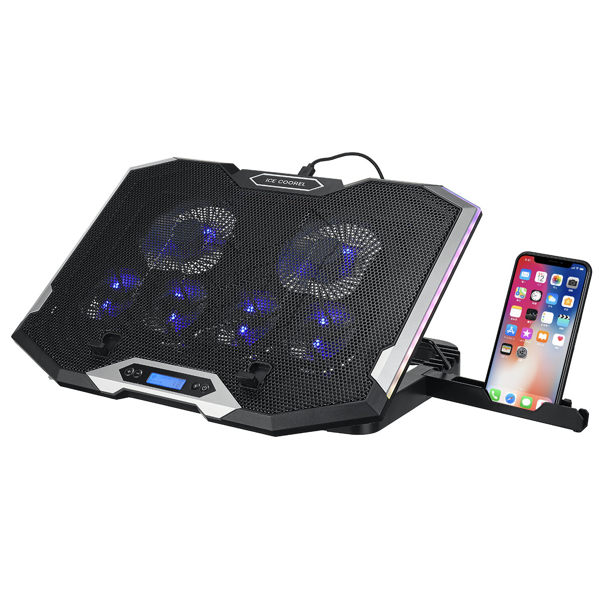 6 Fans Laptop Cooler Stand Riser RGB Cooling Pad Gaming RGB LED Screen with Mobile Phone Holder for Under 21" Laptop - Blue
