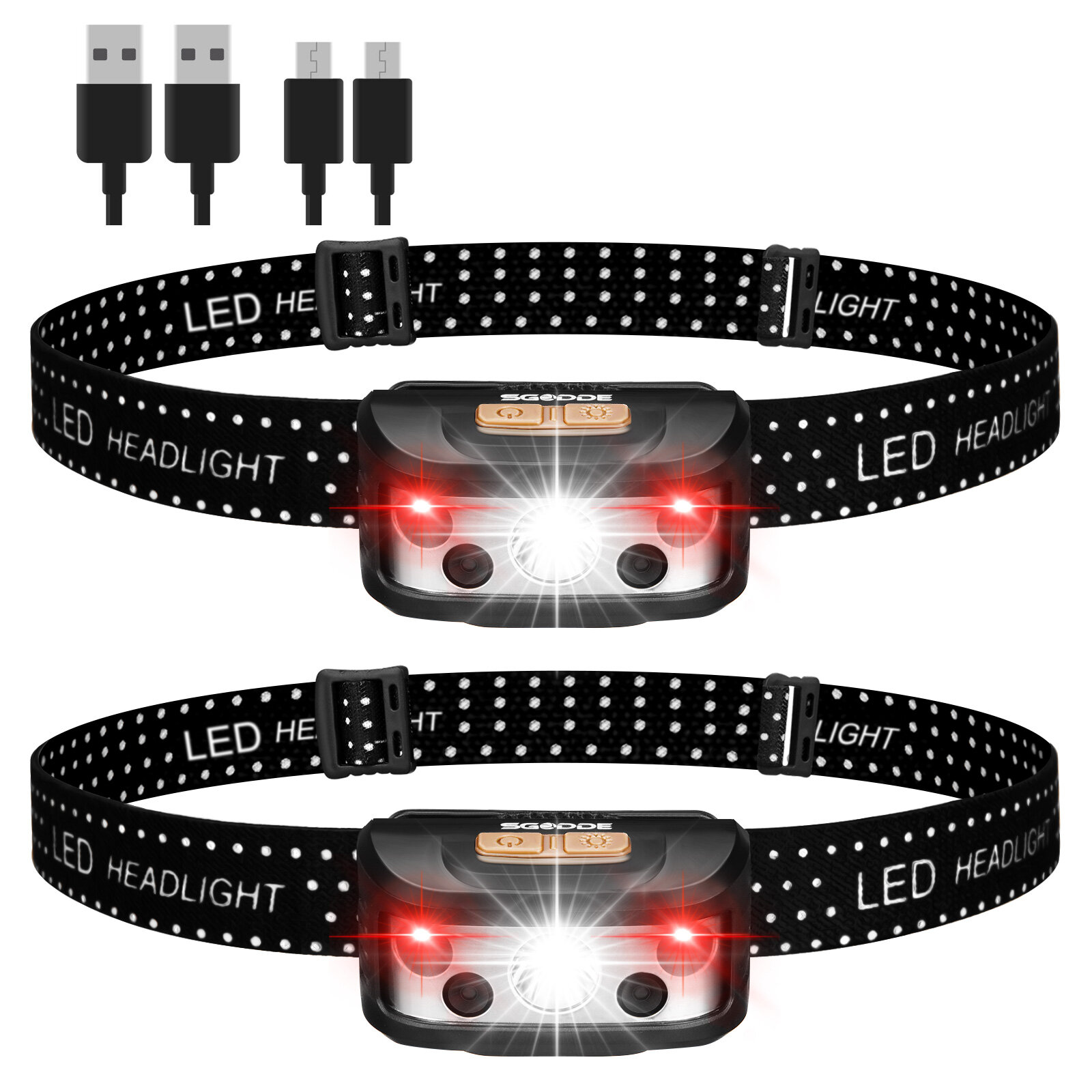 SGODDE 2PCS Five Modes Induction Headlamp Smart Sensor USB Rechargeable IPX65 Waterproof Super Bright Outdoor Cycling Lighting H