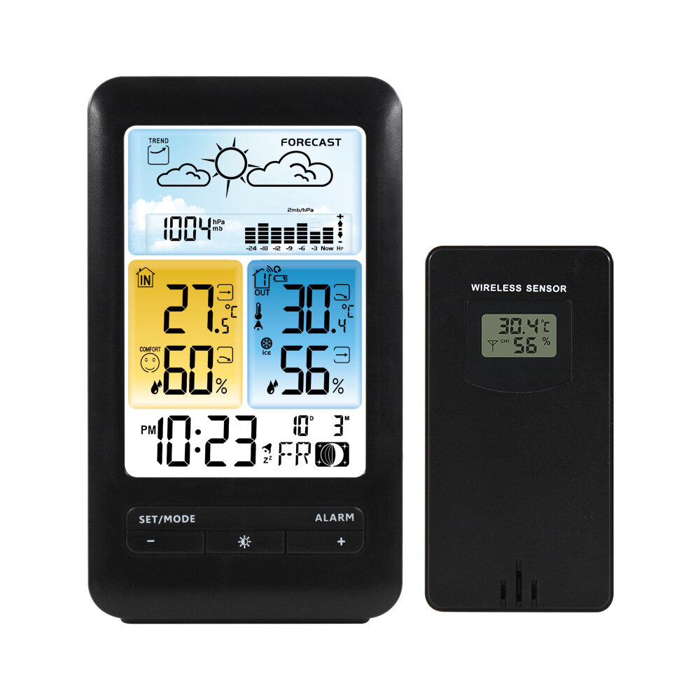 FJ3395D Wireless Weather Station Digital Alarm Clock Temperature Humidity Meter Barometor with 433.92MHz Remote Sensor