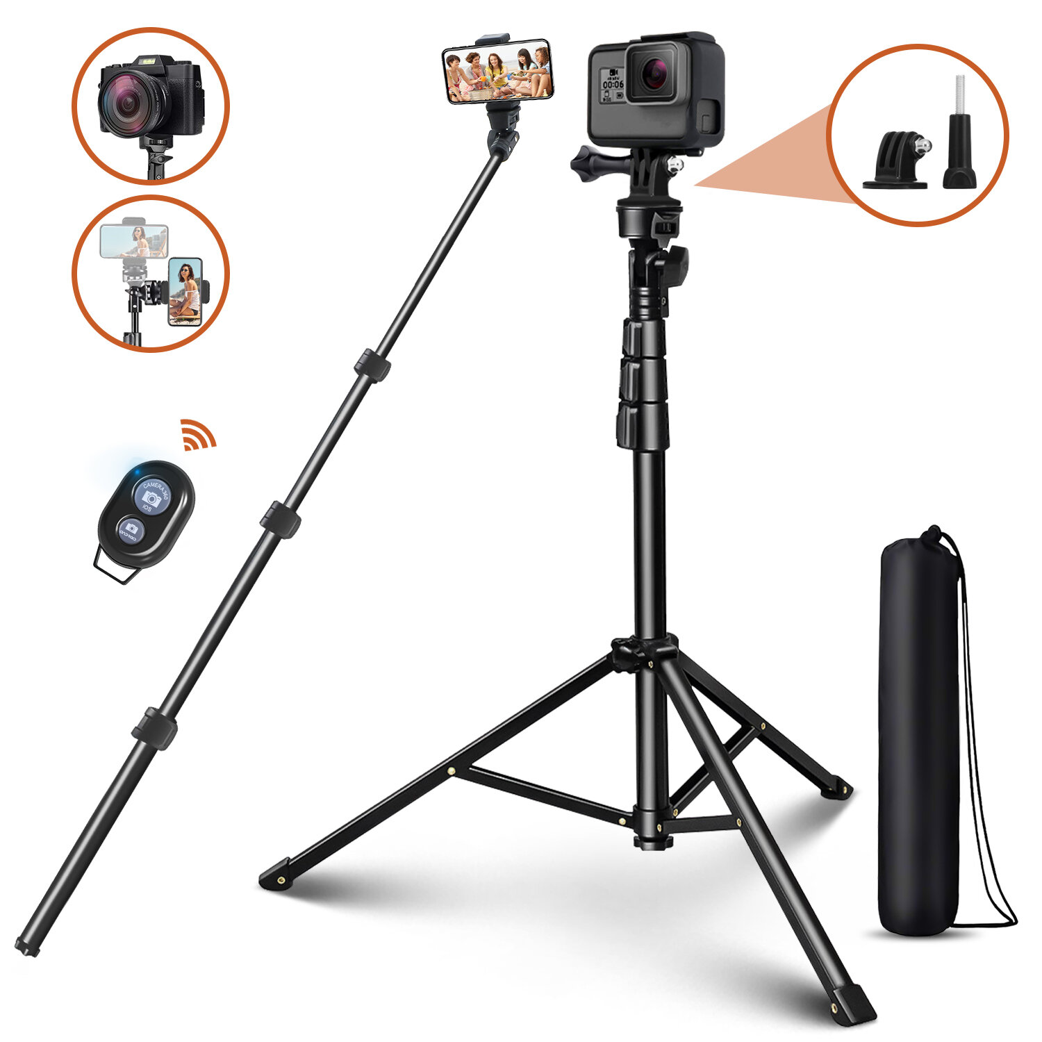Multifunctional Selfie Stick 1.3m Telescopic Height Adjustable Tripod Stand Phone Holder with Remote Shutter for Camera Phone