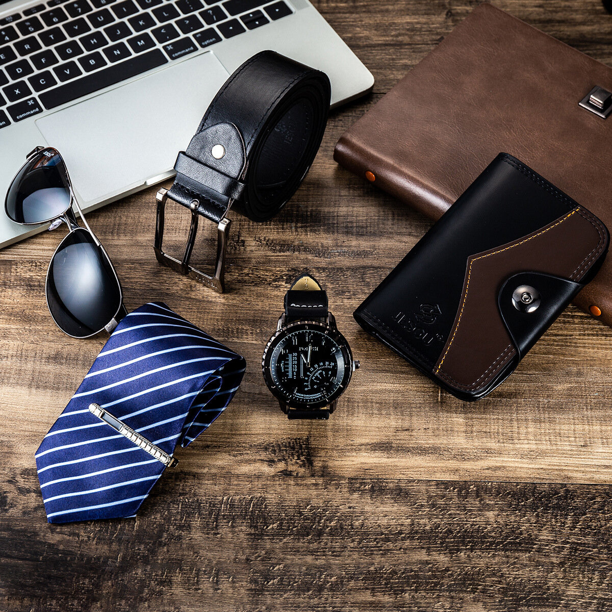 5 Pcs / Set Business Gift Kit Chronograph Men Quartz Watch Wristwatch Belt Wallet Glasses Tie