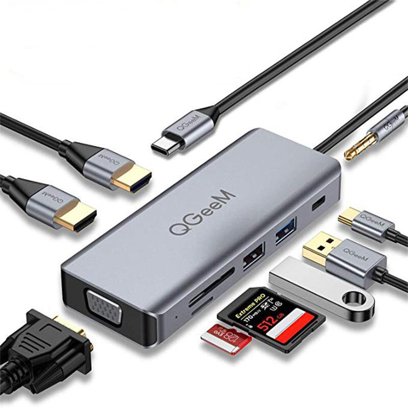 QGeeM 9 In 1 Triple Display USB-C Hub Docking Station Adapter With Dual 4K HDMI HD Display / 1080P VGA / 87W USB-C PD3.0