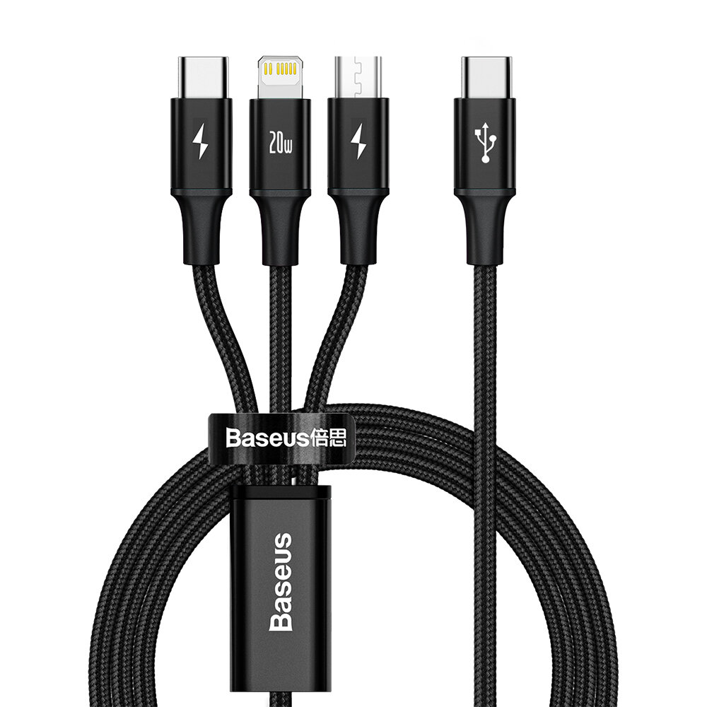 Baseus 3-In-1 Type-C to Micro USB/IP/Type-C Fast Charging Cable PD 20W 480Mbps 1.5M Cable - Black