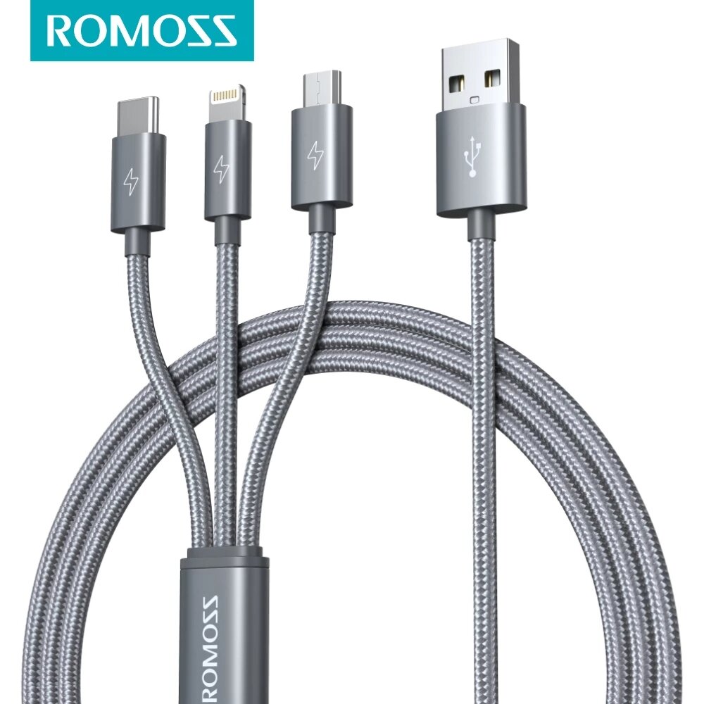ROMOSS CB25A 3 in 1 for Lightning Type-C Micro USB 2.1A USB Cable for Samsung Galaxy S22 Note S22 ultra Huawei Mate40 P50