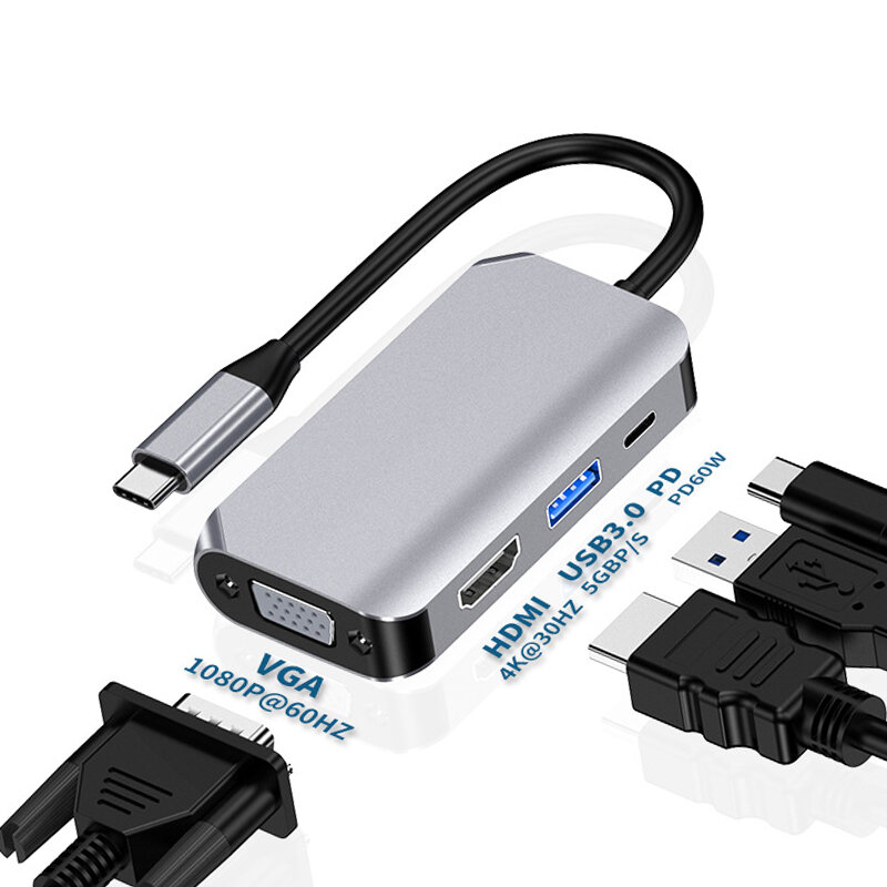 Bakeey 4 in 1 Type-C Hub Docking Station Adapter with USB 3.0 / PD Fast Charger / HDMI / VGA for MacBook Smartphone Televisions 