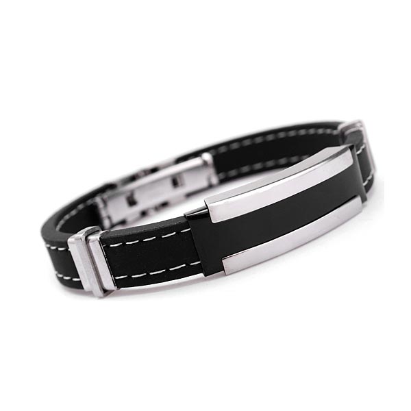 Men's Silver Stainless Steel Black Rubber Bangle Bracelet - Online ...
