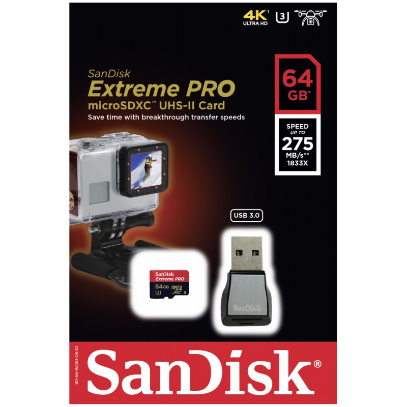 Sandisk Extreme Pro 64gb Microsdxc Uhs Ii Memory Card 275mbs 4k Ultra